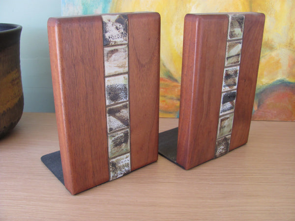 Bookends: Walnut and Tile Bookends by Jane & Gordon Martz for Marshall Studios 5" x 7" x 4.5"