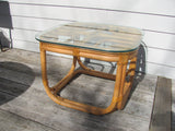 SOLD   Table: Pair of Brown and Jordan Rattan and Glass Side Tables