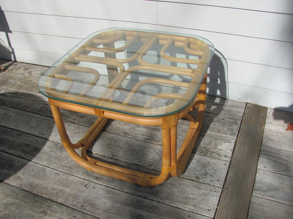 SOLD   Table: Pair of Brown and Jordan Rattan and Glass Side Tables